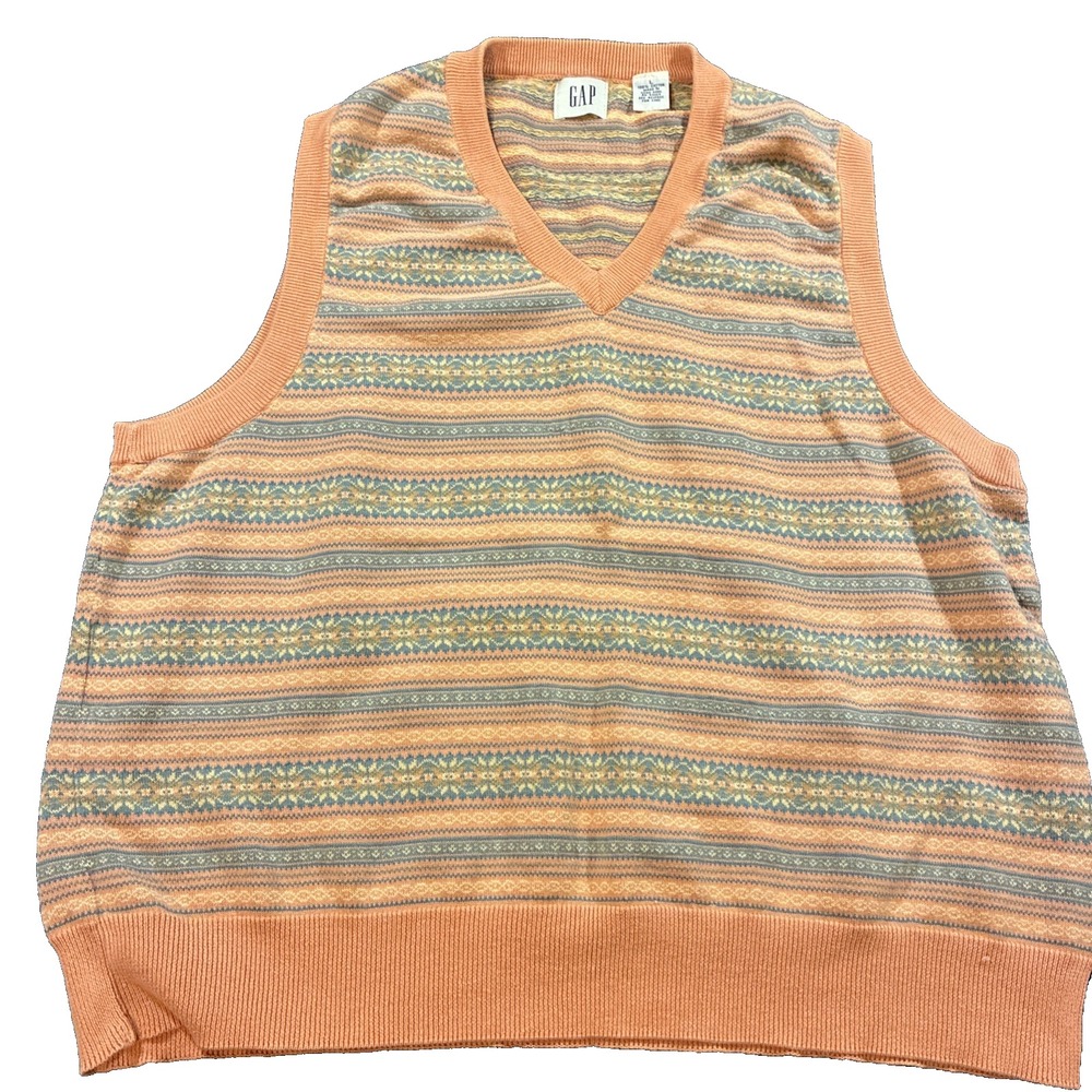 vintage 90s Gap v neck sweater vest mens Large peach Y2k Cotton preppy fair isle